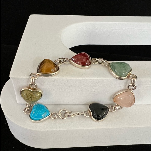 Sterling Multi Stone Scarab Heart Link Bracelet